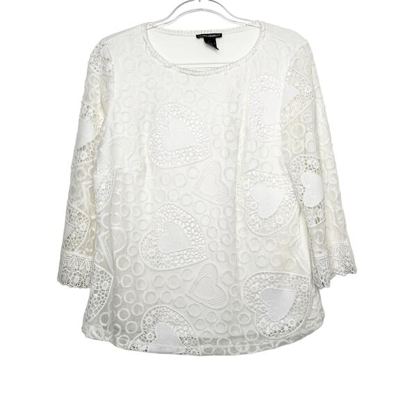 LAUREN MICHELLE Heart Lace Blouse 3/4 Sleeve Scoop Neck Sheer Mesh White Size M - Picture 6 of 6